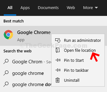 เริ่มค้นหา Google Chrome คลิกขวาที่ผลลัพธ์ เปิดตำแหน่งไฟล์