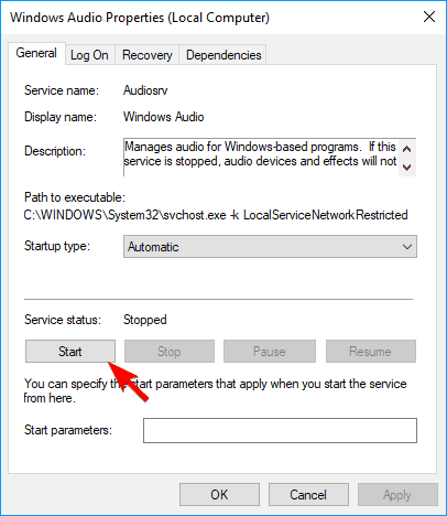 Регулятор громкости не запускает службу Windows Audio