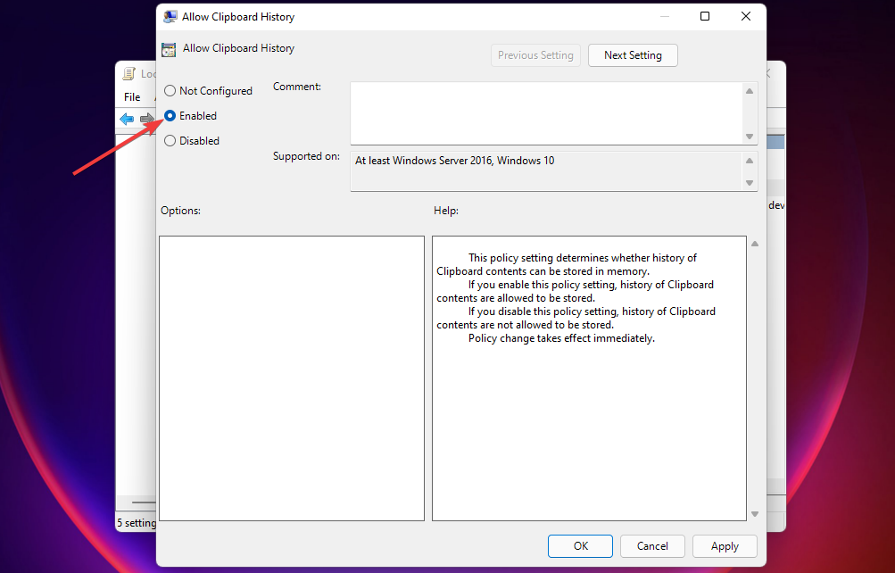 Okno Dovoli zgodovino odložišča Windows 11 zgodovina odložišča ne deluje