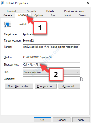 Taskkill Properties Shortcut Tab Клавиш за бърз достъп Задайте персонализиран ключ