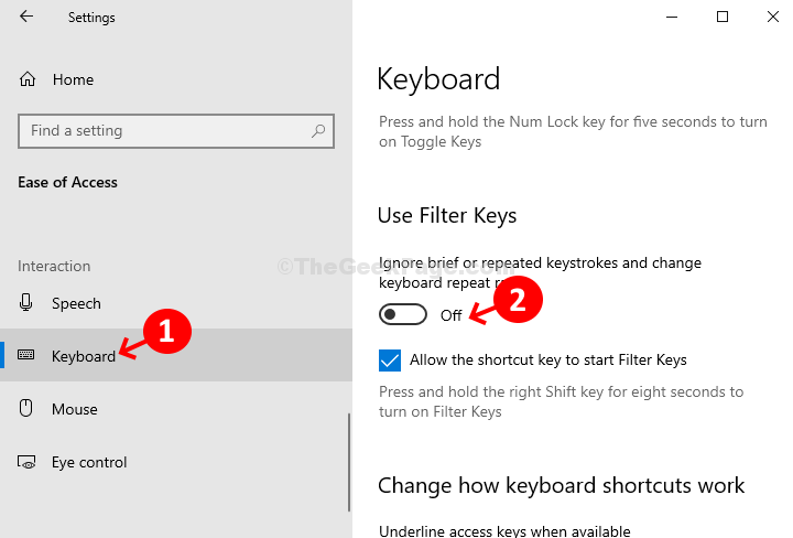 Facilidad de acceso Uso del teclado Teclas de filtro Desactivar