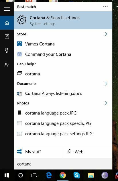 kalbos paketo „Cortana“ nustatymai