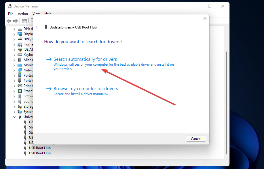 Søk automatisk etter driveralternativ Windows 11 gjenkjenner ikke usb