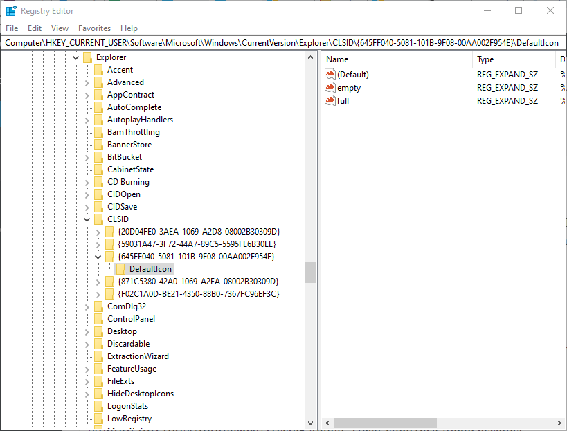 Икона по подразбиране за Windows 10 персонализираната икона на кошчето не се освежава
