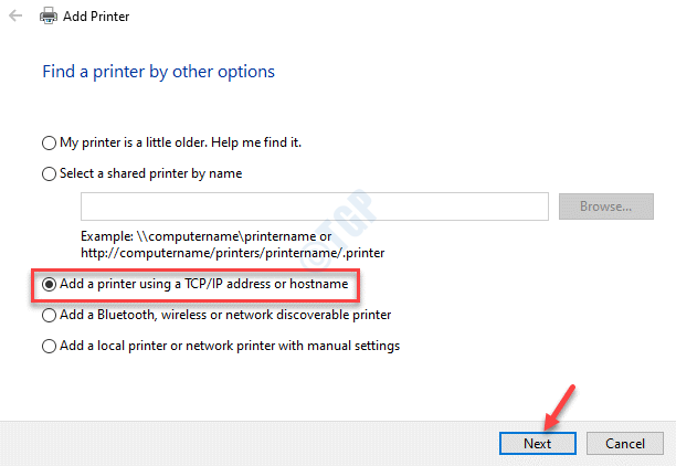 Знайти принтер за іншими параметрами Додайте принтер за допомогою IP-адреси Tcp або імені хосту Далі