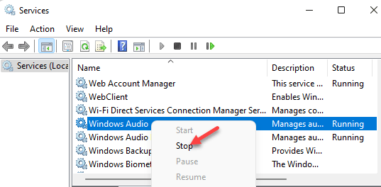Usługi Windows Audio Kliknij prawym przyciskiem Stop Min
