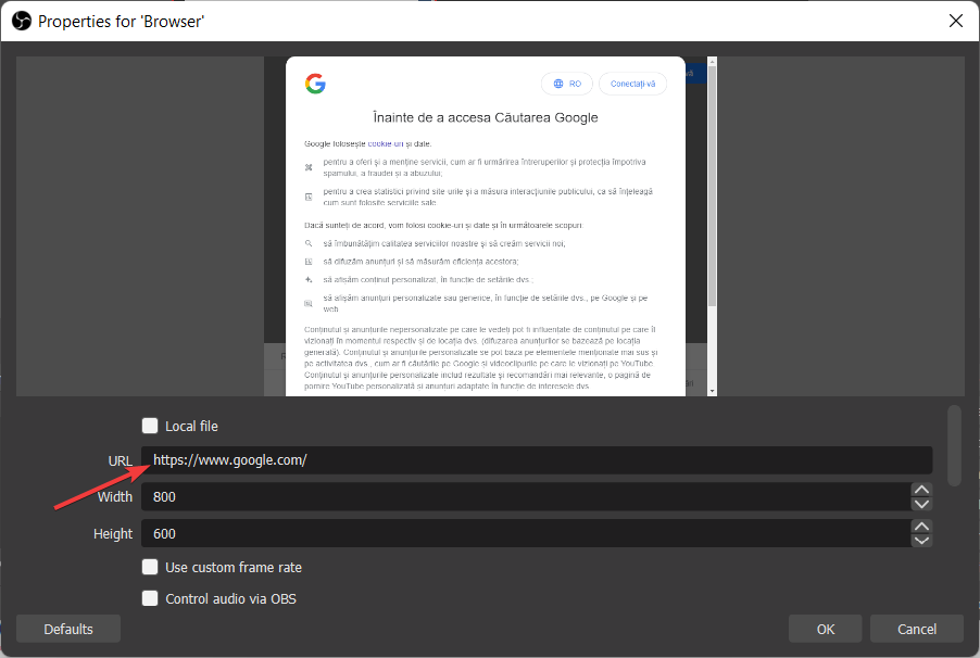url כיצד להוסיף מקור דפדפן ל-obs studio