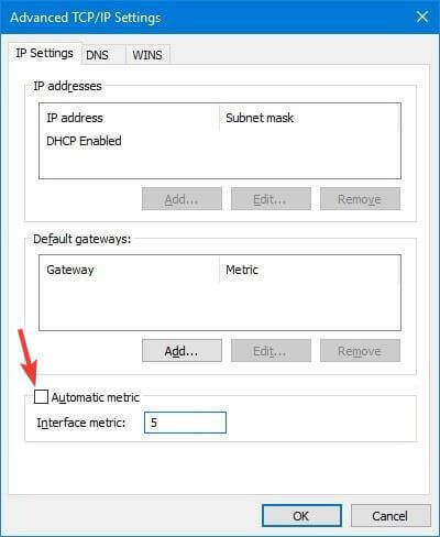 Windows 10 ignoriert Schnittstellenmetrik automatisch