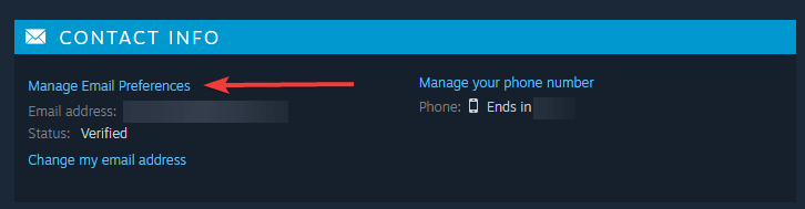 informacje kontaktowe menu Steam alert, gdy gra trafi do sprzedaży