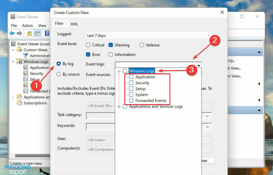 Изберете entrada deseada за проверка на регистрите на грешките на Windows 11