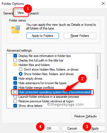 Opcje folderów Odznacz Ukryj chronione pliki systemu operacyjnego Min