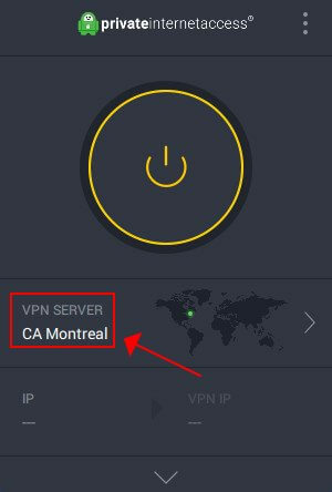 PIA, Kanada VPN sunucusunu gösterir