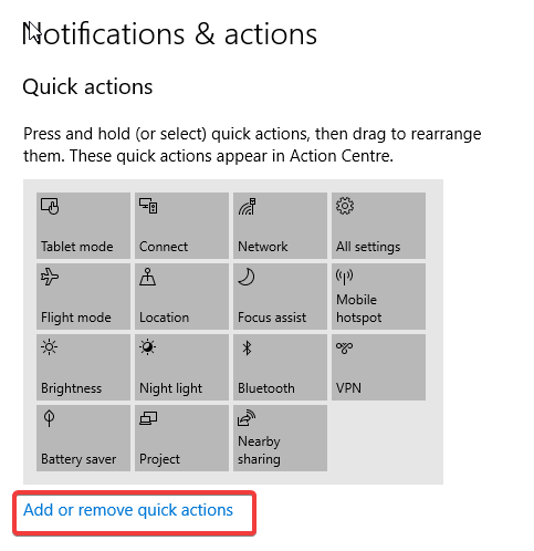 Windows 10 přidává nebo odebírá nastavení rychlých akcí