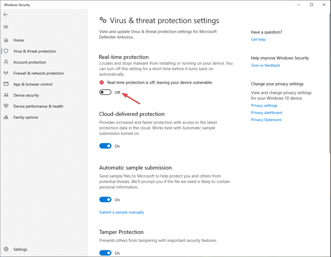 Protecție în timp real Windows 10