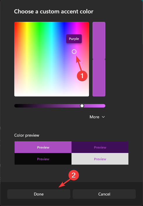 Wählen Sie eine benutzerdefinierte Farbe aus und klicken Sie auf „Fertig“.
