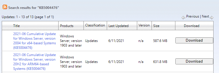 תוצאות החיפוש של קטלוג Microsoft Update קליק על הורדה בהתבסס על סוג מערכת