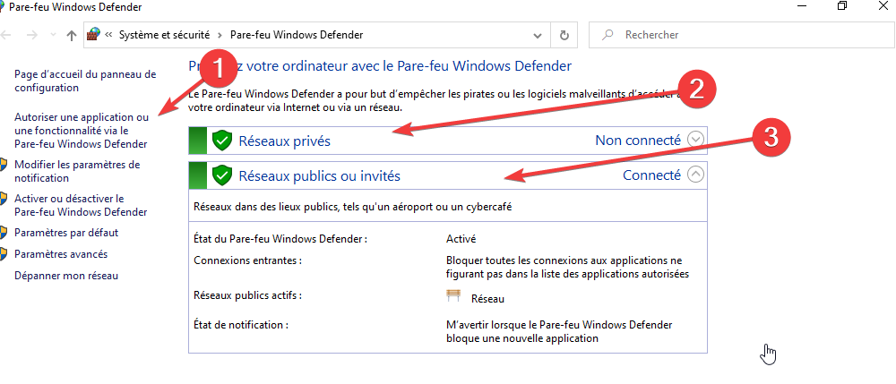 pengecualian autoriser dans pare-feu Windows Defender