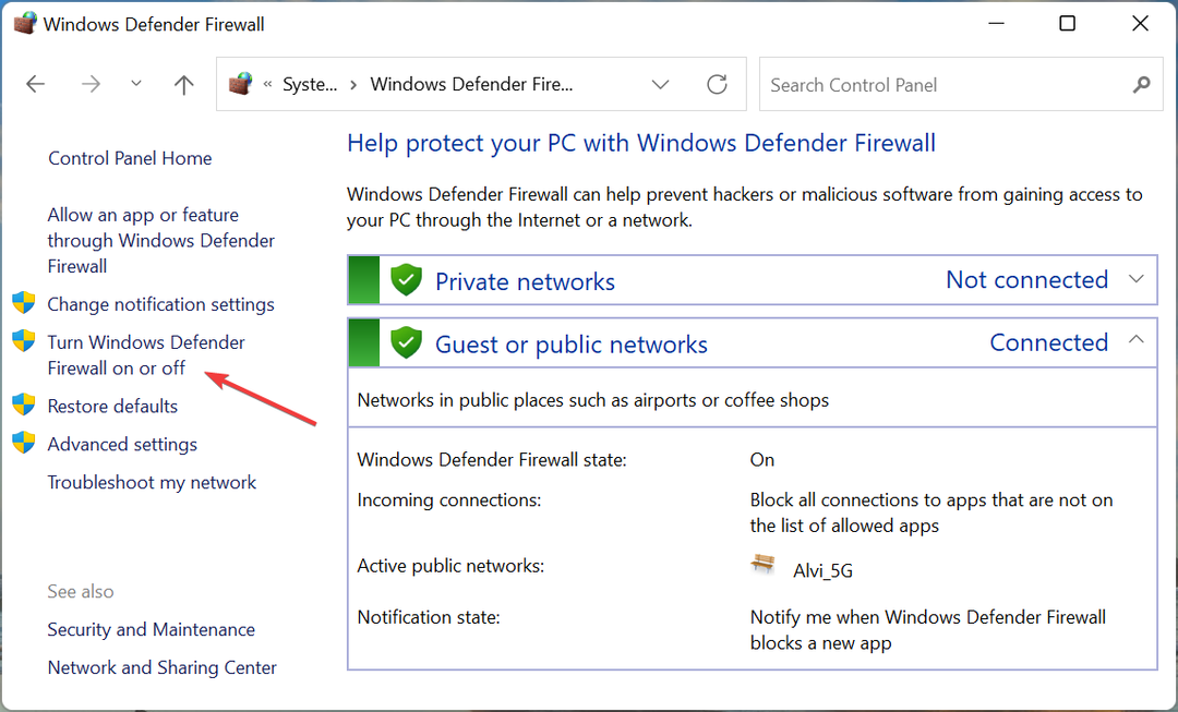 قم بتشغيل جدار حماية Windows Defender أو إيقاف تشغيله