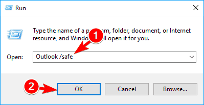 cuadro de diálogo de ejecución de Outlook El conjunto de carpetas no se puede abrir