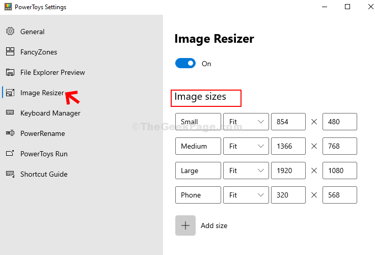 Image Resizer встановлює значення відповідно до ваших уподобань