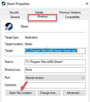 Steam-Eigenschaften Shortcut Dateispeicherort öffnen