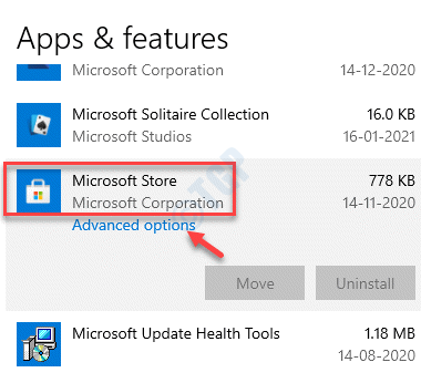 Apps og funktioner Microsoft Store Avancerede indstillinger