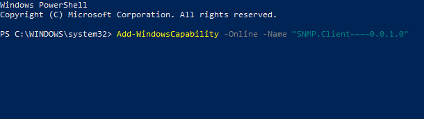 Get-WindowsCapability -Online -Naam "SNMP*" in PowerShell