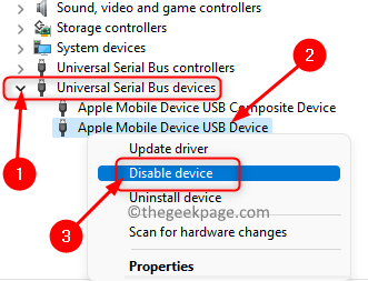 Správce zařízení Apple Mobile Device USB Deaktivovat zařízení Min