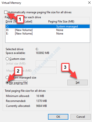 Memória virtual Gerenciar automaticamente o tamanho do arquivo de paginação para todos Desmarque Nenhum conjunto de arquivo de paginação