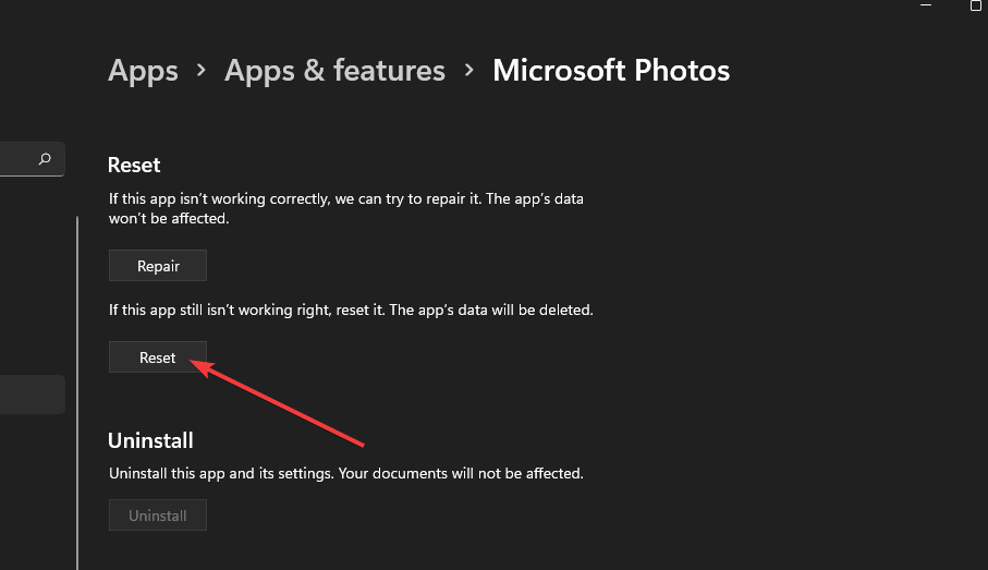 გადატვირთვის ღილაკის ფოტოების აპი არ მუშაობს Windows 11