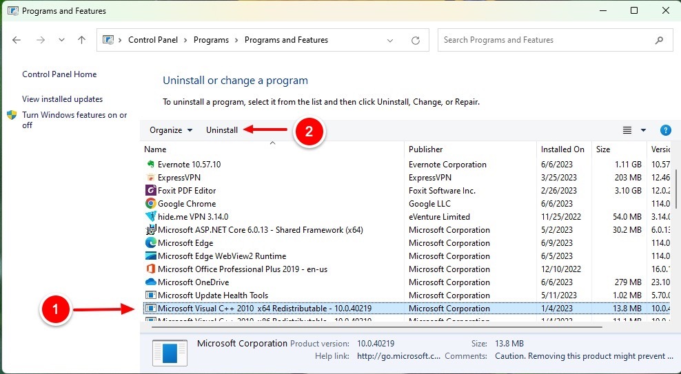 Afinstaller Microsoft Visual C++ Redistributable Package