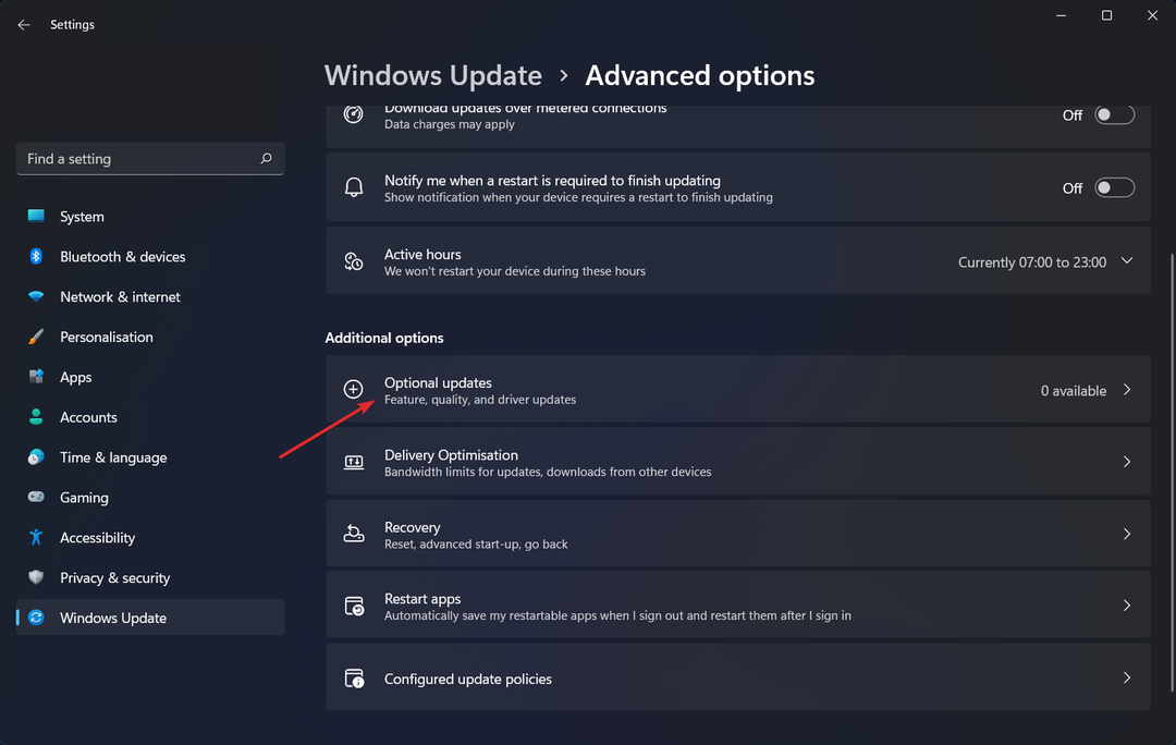 pasirenkami-naujinimai-parinktis Windows 11 dinaminis atnaujinimo dažnis neveikia