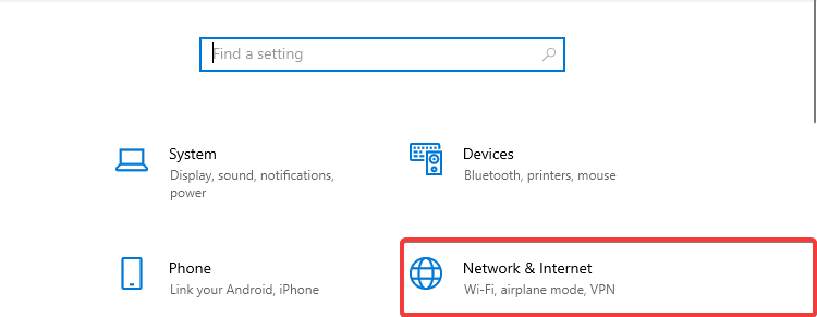 Windows 10 menunjukkan Jaringan & Internet