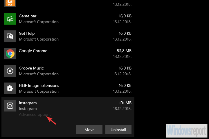 instgram lietotnes papildu opcijas Windows 10