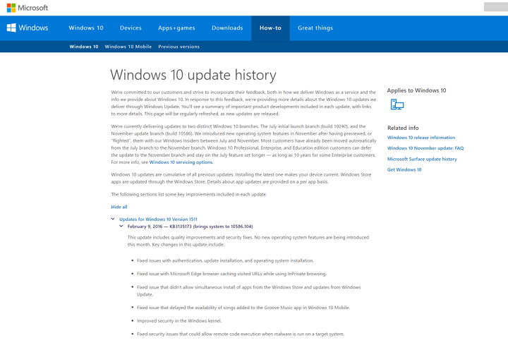 Microsoft finalmente comienza a ofrecer registros de cambios para las actualizaciones de Windows 10