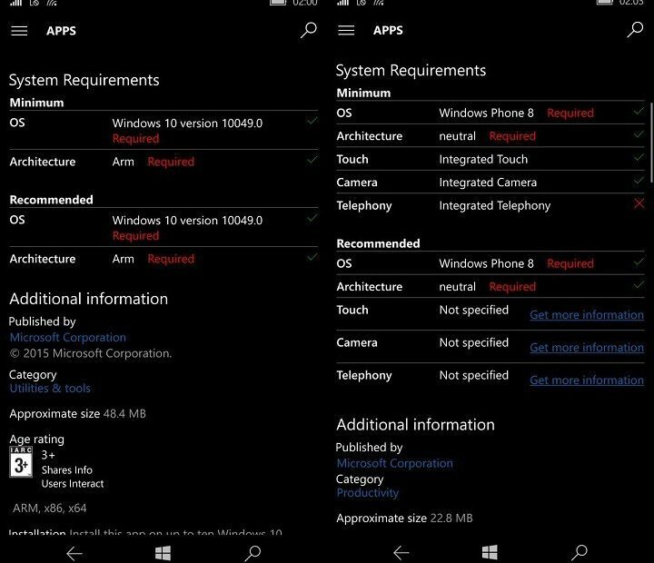 Windows Store מציג כעת דרישות מערכת לאפליקציות ב- Windows 10 Mobile