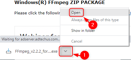 Abra el instalador Ffmpeg Lib