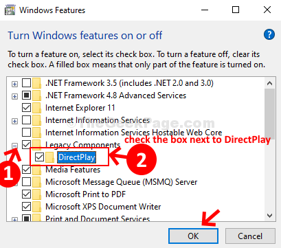 คุณสมบัติของ Windows ส่วนประกอบดั้งเดิม ขยาย ตรวจสอบ Directplay ตกลง