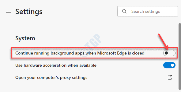 Nustatymų sistema Tęskite fono programų vykdymą, kai „Microsoft Edge“ yra uždaryta, išjunkite