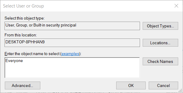 поле имени объекта Окно выбора пользователя или группы Ошибка 0x80071771 в Windows 10