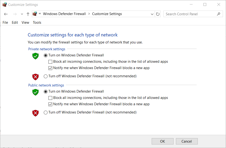 Вимкніть параметри Брандмауера Windows Defender, безкоштовна пробна версія Adobe indiesign не завантажується