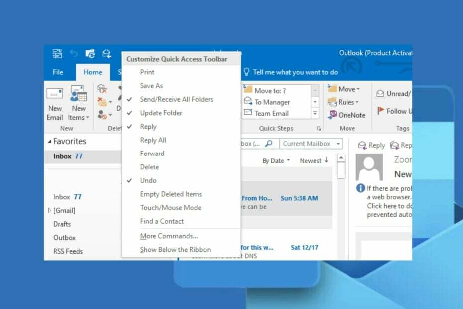 barra de ferramentas de acesso rápido do Outlook