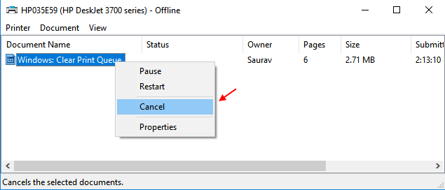 Щелкните правой кнопкой мыши Отмена задания печати Windows 10