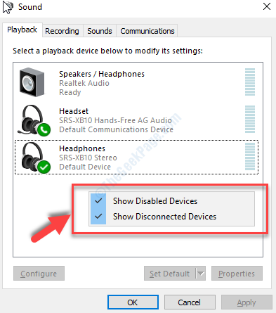 사운드 재생 탭 빈 영역을 마우스 오른쪽 버튼으로 클릭 비활성화 된 장치 표시 및 연결된 장치 표시 확인