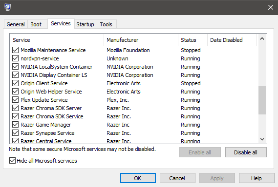 įgalinti grafikos paslaugas su msconfig