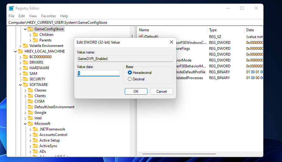 Fereastra Editare valoare DWORD Windows 11 picături valoroase fps