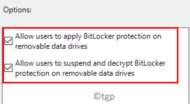 Контрол върху използването на опциите на Bitlocker Проверете и двете Мин