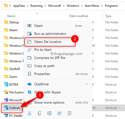 Програми з меню «Пуск» Outlook Відкрити Розташування файлу Мін