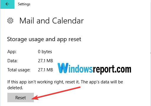 сбросить почтовый календарь приложение Windows 10