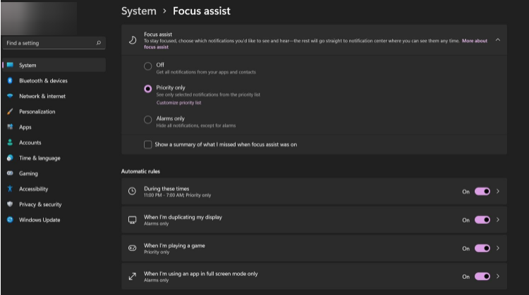 Focus Assist Windows 11 Optimierungen